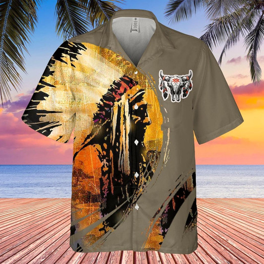 Goofygearprints Native American Hawaiian Shirt, Mystical Campfire Hawaiian Shirt, Native American Chief Shirt, Native Pattern Shirt