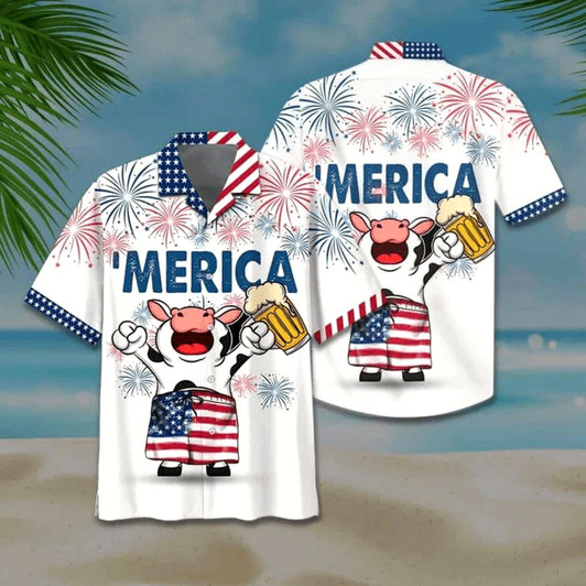 Goofygearprints 4Th Of July Hawaiian Shirts, Cow And Beer 4Th Of July Hawaiian Shirts, American Flag Hawaiian Shirts