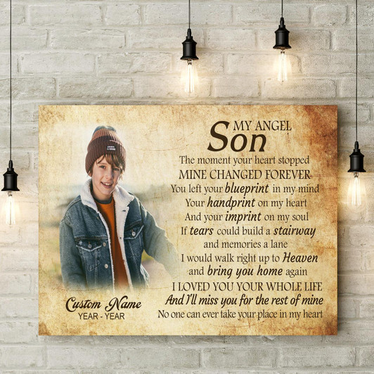 Personalized Son Remembrance Canvas My Angel Son In Heaven Memorial Gifts, Sympathy Gifts For Loss Of Son, Son Bereavement Keepsake, Youth Cancer Condolence Gifts