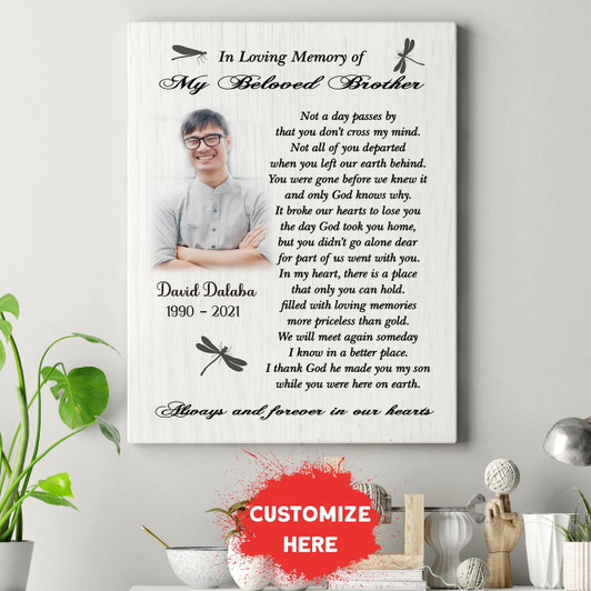 Personalized Brother Memorial Canvas In Memory Of Brother In Heaven Memorial Gift For Loss Of Brother Sympathy Gift For Loss Of Brother, Brother Remembrance Canvas