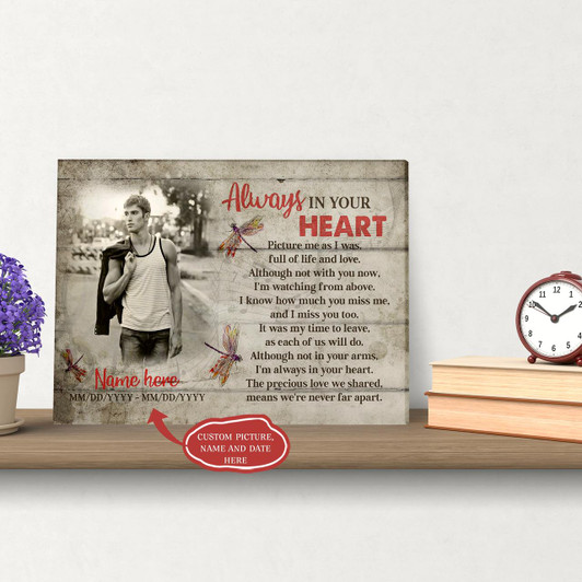 Memorial Canvas Always In Your Heart Canvas Custom Dragonfly Wall Art Memorial Gift Sympathy Gift For Deceased Mom, Dad, Loved One In Heaven Bereavement Remembrance Canvas