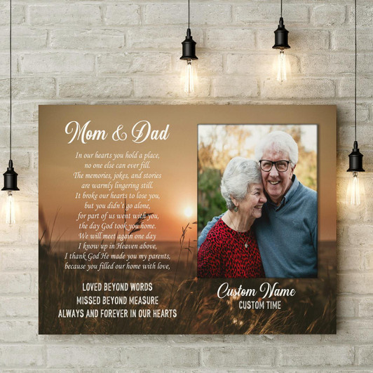 Personalized Parents Remembrance Canvas Mom & Dad Always In My Heart Canvas With Picture Sunset Canvas Memorial Gift For Loss Of Parents, Mom & Dad In Heaven Sympathy Gift