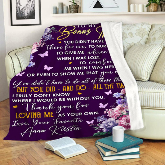 To My Bonus Mom Blanket Custom Purple Floral Blanket Gift For Adopted Mom Step Mom Stepmother