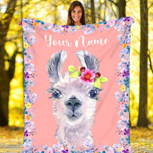 Personalized Llama Throw Blanket, Floral Llama Birthday, Christmas Gift Ideas