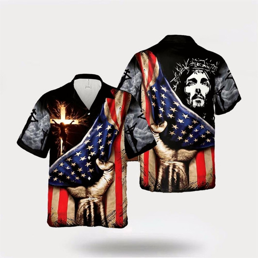 Goofygearprints Christian Hawaiian Shirt, Jesus Christ American Flag Cross Hawaiian Shirt, Christian Aloha Shirt