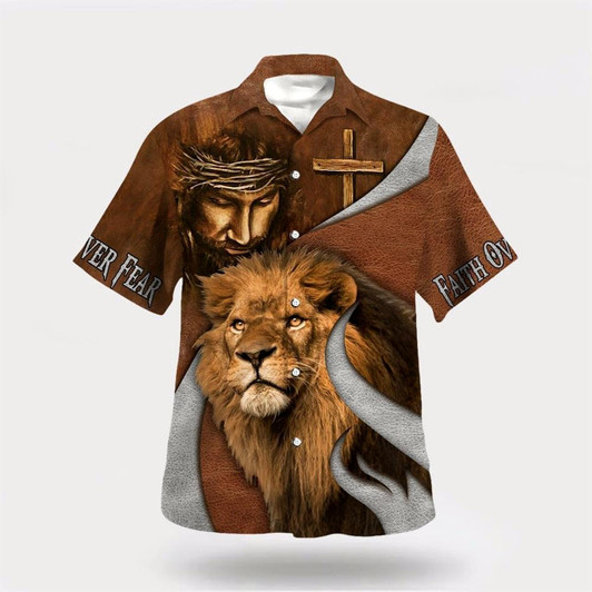 Goofygearprints Christian Hawaiian Shirt, Faith Over Fear Jesus Lion Hawaiian Shirt, Christian Aloha Shirt