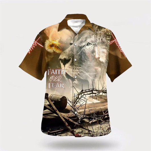 Goofygearprints Christian Hawaiian Shirt, Faith Over Fear Hawaiian Shirt, Lion And Crown Of Thorns Hawaiian Shirts For Men, Christian Aloha Shirt