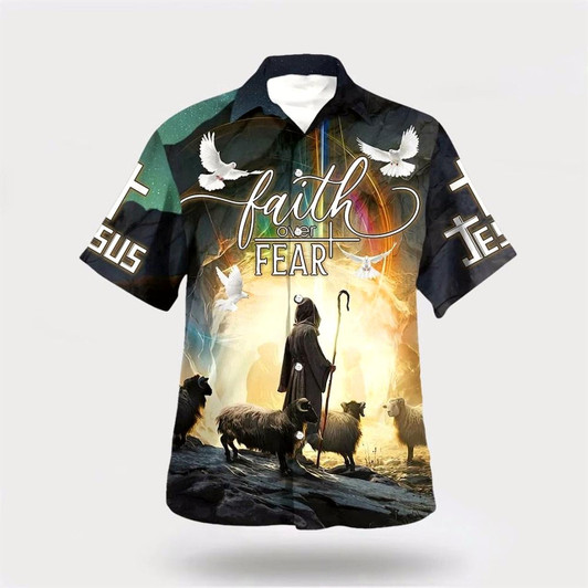Goofygearprints Christian Hawaiian Shirt, Faith Over Fear Hawaiian Shirt, Jesus And The Sheep Hawaiian Shirt, Christian Aloha Shirt