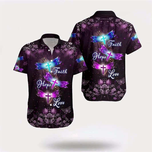 Goofygearprints Christian Hawaiian Shirt, Faith Hope Love Dragonfly Love Jesus Hawaiian Shirt, Christian Aloha Shirt