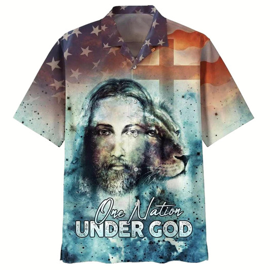Goofygearprints One Nation Under God Jesus Lion Christian Us Flag Hawaiian Shirt For Men, Christian Hawaiian Shirt, Gift For Christian