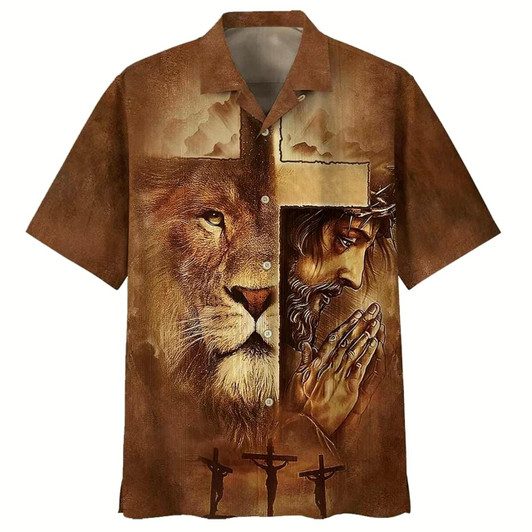 Goofygearprints Lion Jesus Pray Cross Christian Faith Religious Hawaiian Shirt For Men, Christian Hawaiian Shirt, Gift For Christian