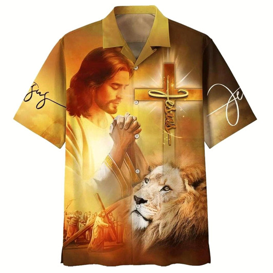 Goofygearprints Jesus Prayer Lion Cross Christian Faith Hawaiian Shirt For Men, Christian Hawaiian Shirt, Gift For Christian