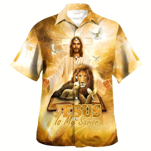 Goofygearprints Jesus Lion And The Lamb Jesus Is My Savior Hawaiian Shirt For Men, Christian Hawaiian Shirt, Gift For Christian
