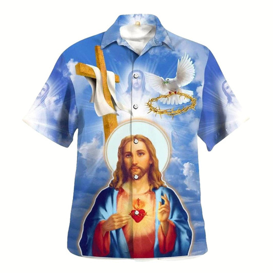 Goofygearprints Jesus Christ Sacred Heart Pigeon Hawaiian Shirt For Men, Christian Hawaiian Shirt, Gift For Christian