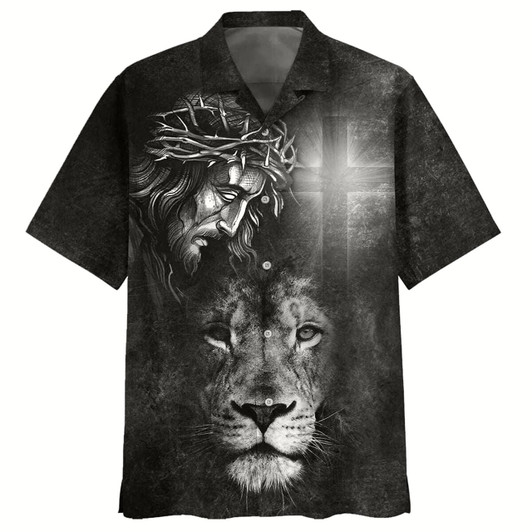 Goofygearprints Jesus And Lion Christian Cross Faith Religious Hawaiian Shirt For Men, Christian Hawaiian Shirt, Gift For Christian