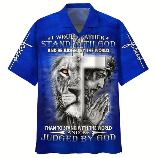 Goofygearprints I Would Rather Stand With God Jesus And The Lion Hawaiian Shirt For Men, Christian Hawaiian Shirt, Gift For Christian