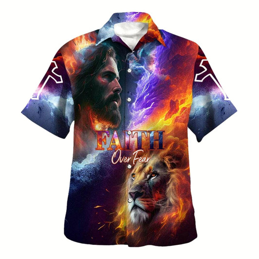 Goofygearprints Faith Over Fear Jesus Lion Of Judah Christian Hawaiian Shirt For Men, Christian Hawaiian Shirt, Gift For Christian