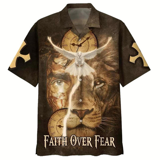 Goofygearprints Faith Over Fear Jesus Lion And Dove Hawaiian Shirt For Men, Christian Hawaiian Shirt, Gift For Christian