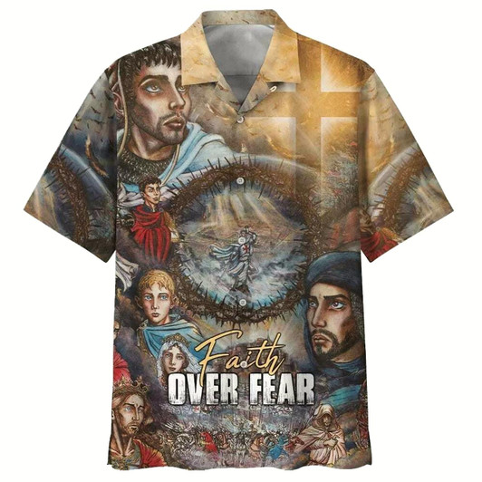 Goofygearprints Faith Over Fear Christian Faith Knight Template Hawaiian Shirt For Men, Christian Hawaiian Shirt, Gift For Christian