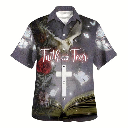 Goofygearprints Faith Over Fear Bible Verse Cross Dove Hawaiian Shirt For Men, Christian Hawaiian Shirt, Gift For Christian