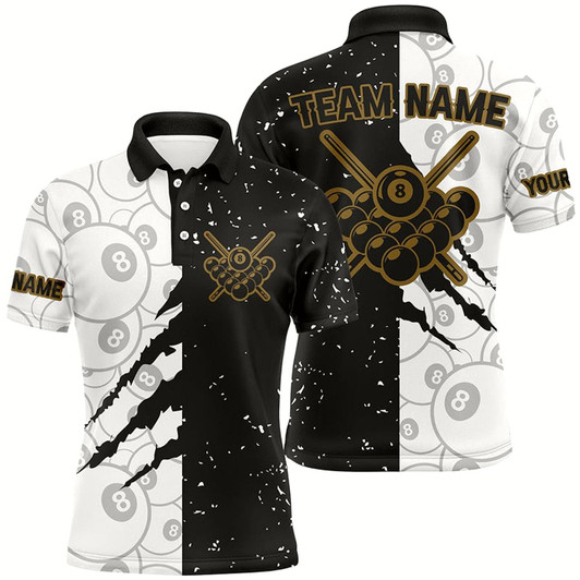 Goofygearprints Custom Grunge Black White 8 Ball Pool Billiard Men Polo Shirts, 8 Ball Billiard Apparel Clothing