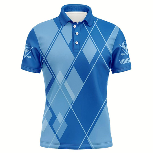 Goofygearprints Blue Argyle Pattern Custom Mens Golf Polo Shirts, Golf Tops For Men Golfing Gifts