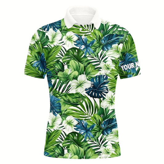 Goofygearprints Mens Golf Polo Shirt Custom Green Tropical Flower Leaves Pattern Team Golf Tops For Men, Golfing Gift