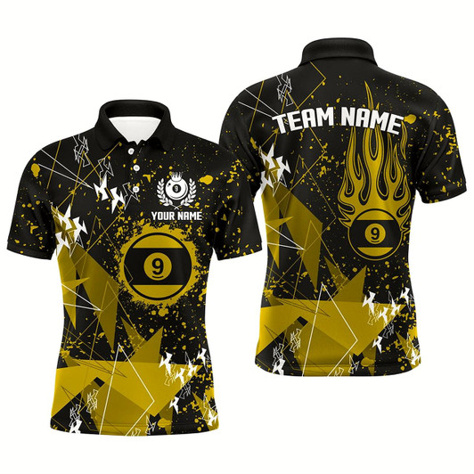 Goofygearprints Personalized Yellow Grunge 9 Ball Billiard Men Polo Shirts, Custom Billiard Jersey For Pool Player