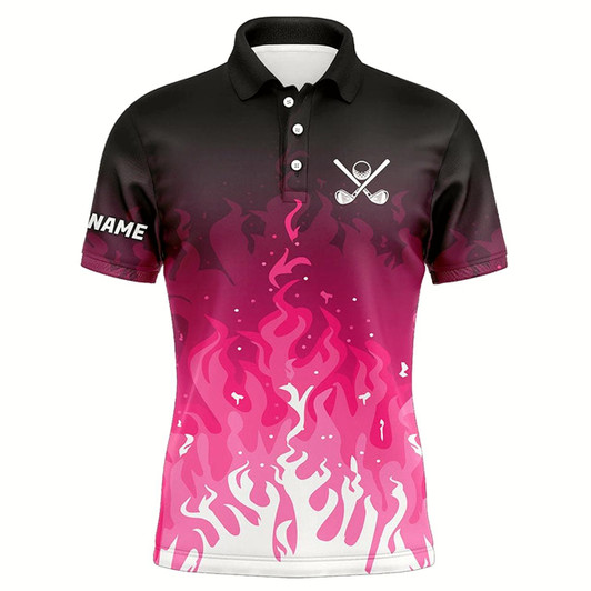 Goofygearprints Personalized Mens Golf Polo Shirts Custom Pink Flame Mens Golf Outfit, Golf Shirts For Men Style 1