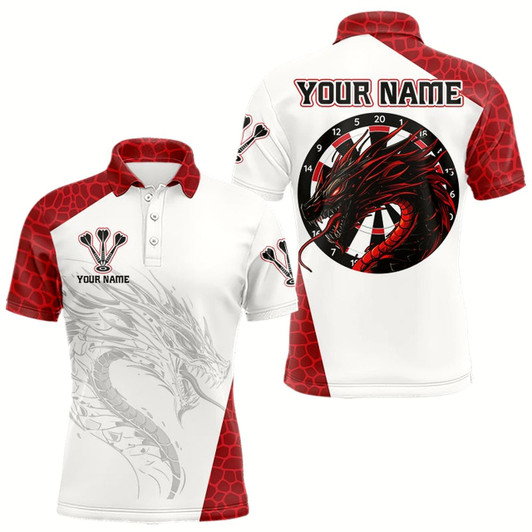 Goofygearprints Custom White And Red Dragon Dart Team Polo Shirts For Men, Dart Tournament Shirt Uniform Style 1