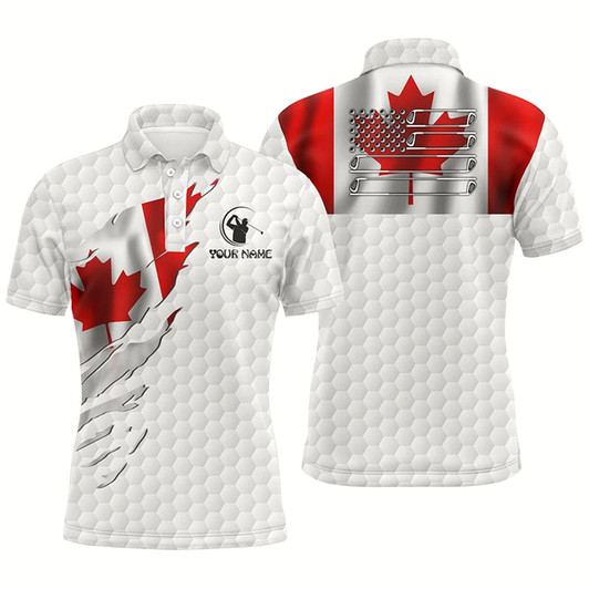 Goofygearprints Mens Golf Polo Shirt Custom Canadian Flag White Golf Ball Skin Patriotic Golf Shirt For Mens