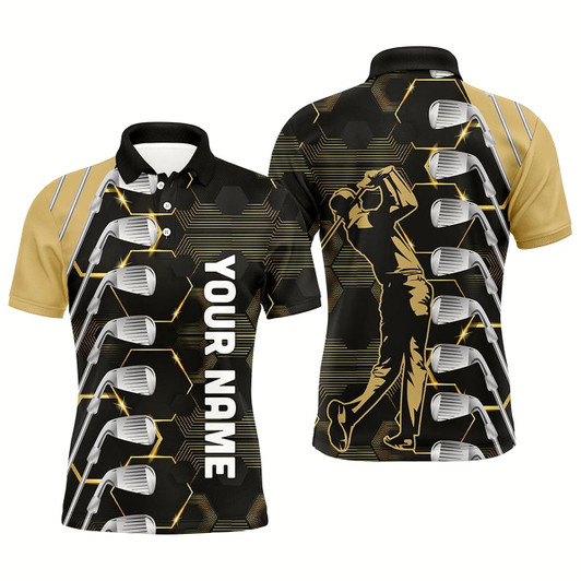Goofygearprints Personalized Yellow And Black Golf Clubs Mens Golf Polo Shirts Custom Name Golf Outfit Men, Golf Gifts