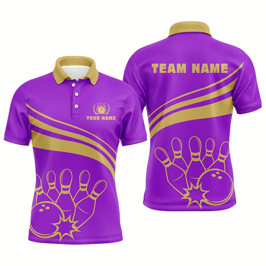 Goofygearprints Personalized Bowling Polo Shirts For Men, Custom Men'S Bowling Shirt Team Bowl Jersey Purple