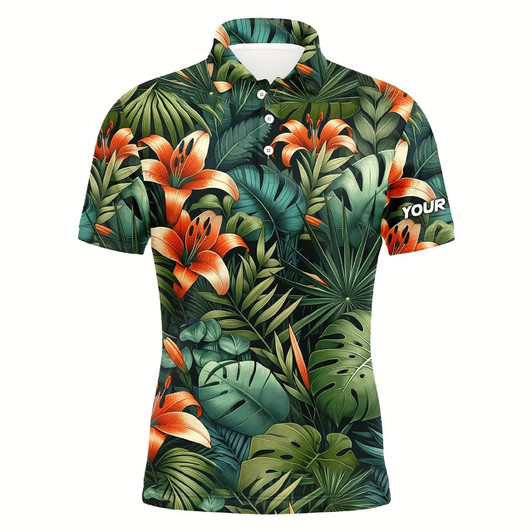 Goofygearprints Green Tropical Flower Pattern Mens Golf Polo Shirts Custom Team Golf Shirts, Golf Tops For Men Style 1