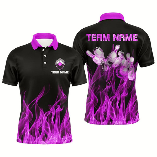 Goofygearprints Personalized Men Polo Bowling Shirt Purple Flame Bowling Ball And Pins Bowling Jerseys For Men Bowler
