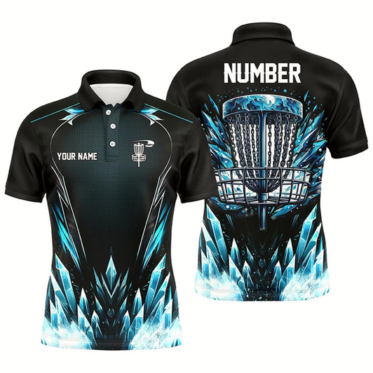 Goofygearprints Icy Blue Mens Disc Golf Polo Shirts Custom Black Disc Golf Basket Jerseys, Disc Golf Shirts Style 2