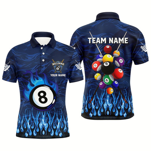 Goofygearprints Personalized Fire Flame 3D Billiard Balls Men Polo Shirts Custom Blue Billiard Jersey Attire Style 2