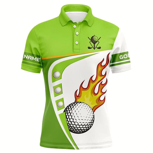 Goofygearprints White And Green Mens Golf Polo Shirts Custom Golf Ball Fire Mens Golf Apparel, Green Golf Tops Style 2