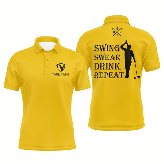 Goofygearprints Funny Mens Golf Polos Shirt Custom Swing Swear Drink Repeat, Team Golf Shirts For Men Yellow