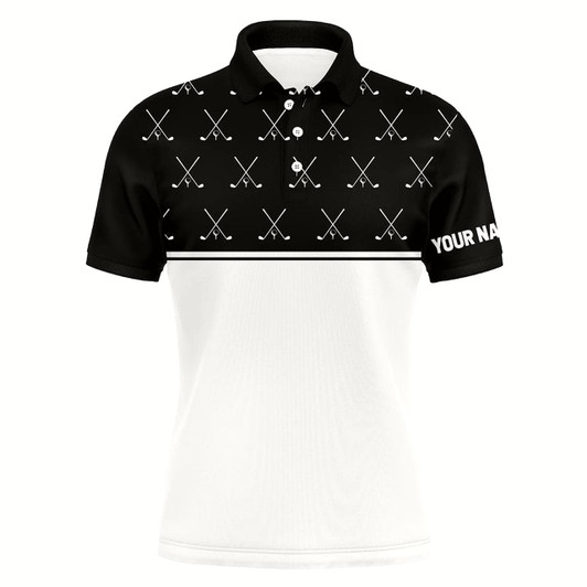 Goofygearprints Black And White Golf Clubs Pattern Mens Golf Polo Shirts Custom Golf Attire For Men