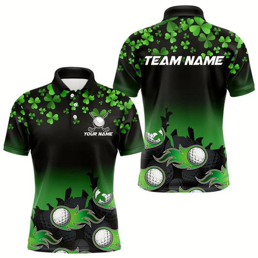 Goofygearprints Green Shamrock Flame Golf Ball Men Golf Polo Shirts Customize St Patrick Day Team Mens Golf Shirts Style 2