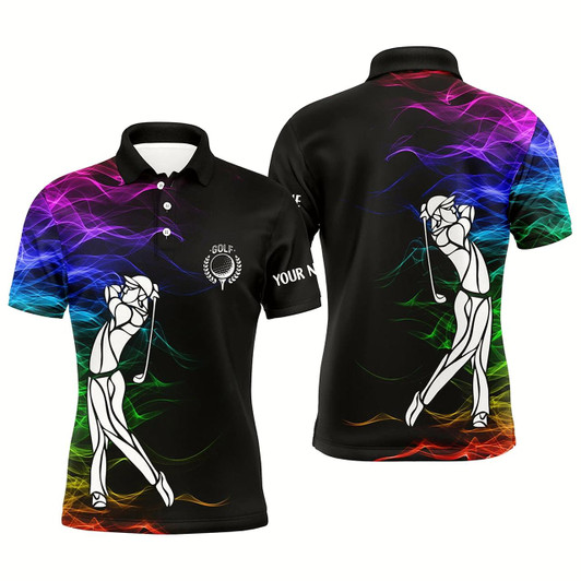 Goofygearprints Personalized Colorful Rainbow Smoke Pattern Black Mens Golf Polo Shirts Custom Golf Tops For Mens Style 1