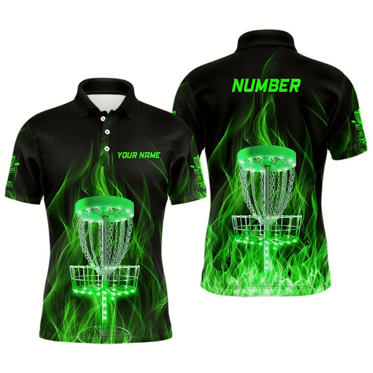 Goofygearprints Green Fire Flame Disc Golf Basket Mens Polo Shirts Custom Disc Golf Shirts For Men Golf Gifts