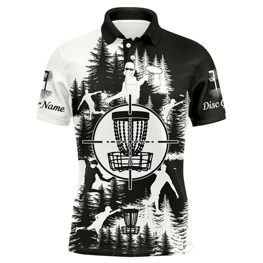 Goofygearprints Black And White Mens Disc Golf Polo Shirts Custom Disc Golf Basket Disc Golf Shirt, Disc Golf Gifts