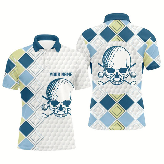 Goofygearprints White Golf Ball Skull Mens Golf Polo Shirts Custom Blue Argyle Pattern Golf Apparel For Men
