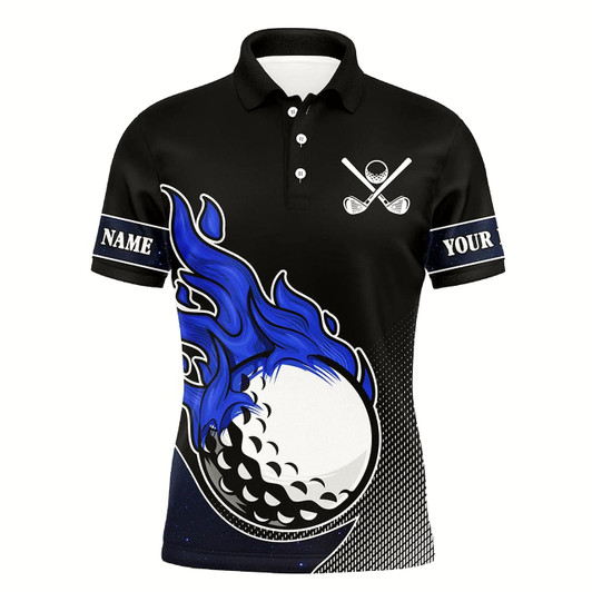Goofygearprints Black And Blue Flame Golf Ball Fire Mens Golf Polo Shirts Custom Golf Outfit Mens Best Team Golf Shirt Style 1