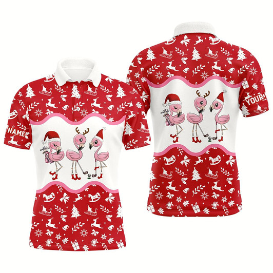 Goofygearprints Red And White Christmas Pattern Men Golf Polo Shirt Custom Flamingo Christmas Polo Shirts For Men Style 2