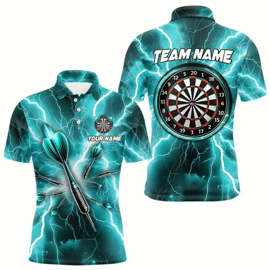 Goofygearprints Turquoise Thunder Lightning 3D Men Darts Polo & Quarter Zip Custom Dart Shirt For Men Dart Jersey