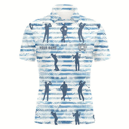 Goofygearprints Personalized Blue Stripe Palm Leaves Mens Golf Polo Shirt Tropical Golf Shirts For Men Golf Gifts
