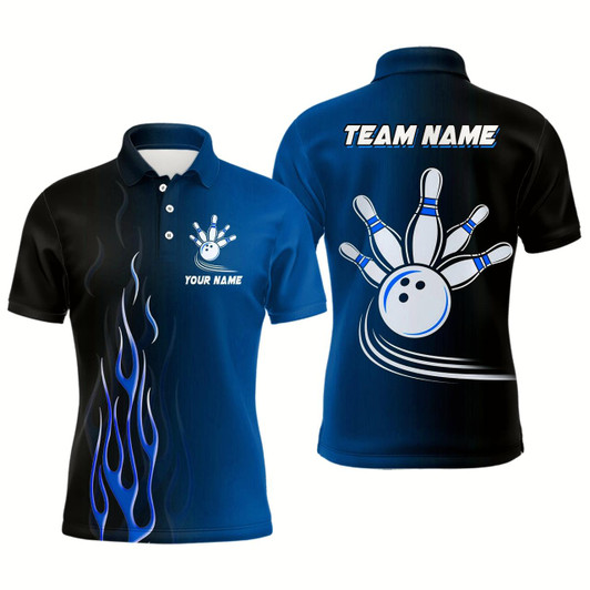 Goofygearprints Gradient Black Blue Bowling League Jerseys Custom Men Bowling Polo Shirt, Gifts For Bowling Team